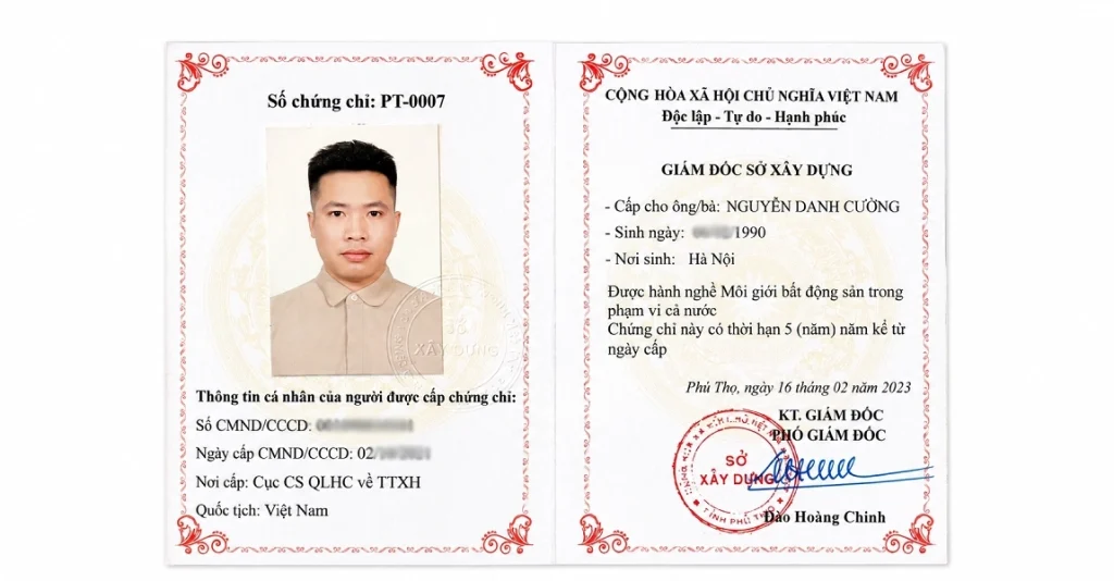 Chứng chỉ hành nghề môi giới bất động sản số PT-0007 do Sở Xây dựng tỉnh Phú Thọ cấp ngày 16/02/2023