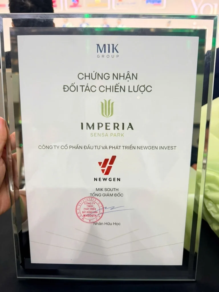 Chứng nhận newgen invest đối tác chiến lượt imperia sensa park