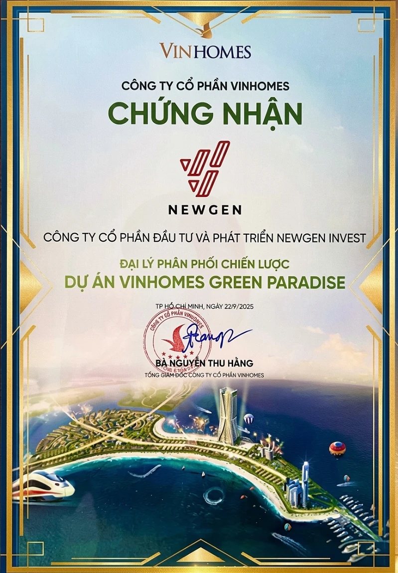 giấy chứng nhận newgen đại lý phân phối chính thức vinhomes green paradise