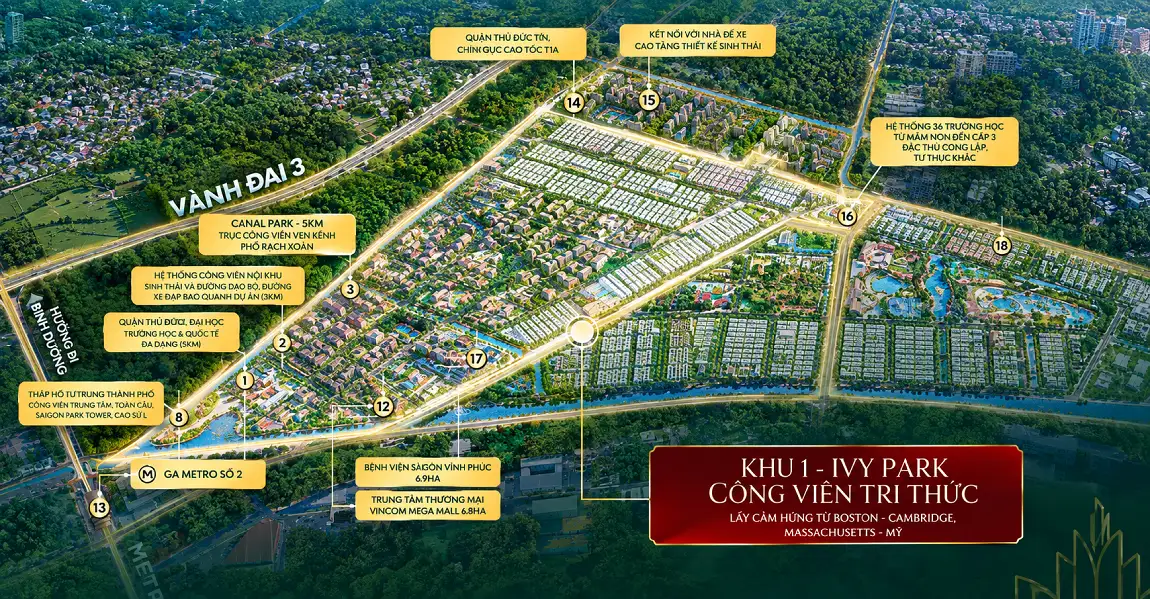 Tổng mặt bằng định vị kiến trúc Khu 1 Ivy Park và Khu 2 Global Park Vinhomes Sài Gòn Park