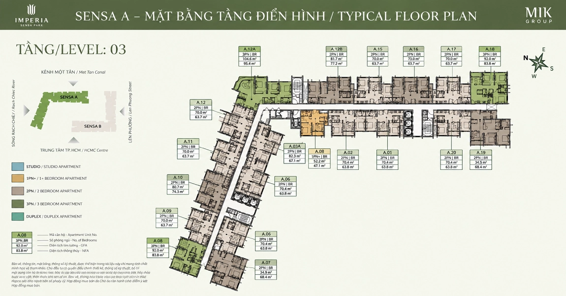 Mặt bằng tầng 03 tháp Sensa A Imperia Sensa Park – 20 căn hộ 1PN+, 2PN, 3PN