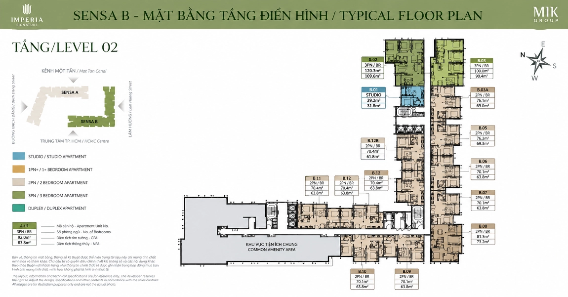 Mặt bằng tầng 02 tháp Sensa B Imperia Sensa Park – căn Studio, 2PN, 3PN và khu tiện ích chung