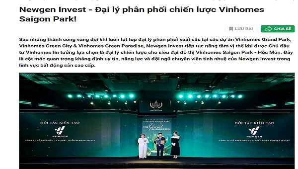 Bài viết Newgen Invest đại lý phân phối Vinhomes Saigon Park trên báo 24h