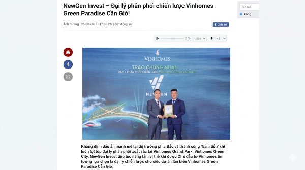 Bài viết Newgen Invest đại lý phân phối chiến lược Vinhomes Green Paradise Cần Giờ trên CafeF