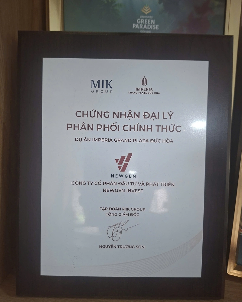 chứng nhận newgen invest đại lý phân phối chính thức imperia grand plaza