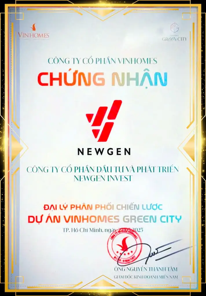 giấy chứng nhận newgeninvest đại lý phân phối chính thức vinhomes green city