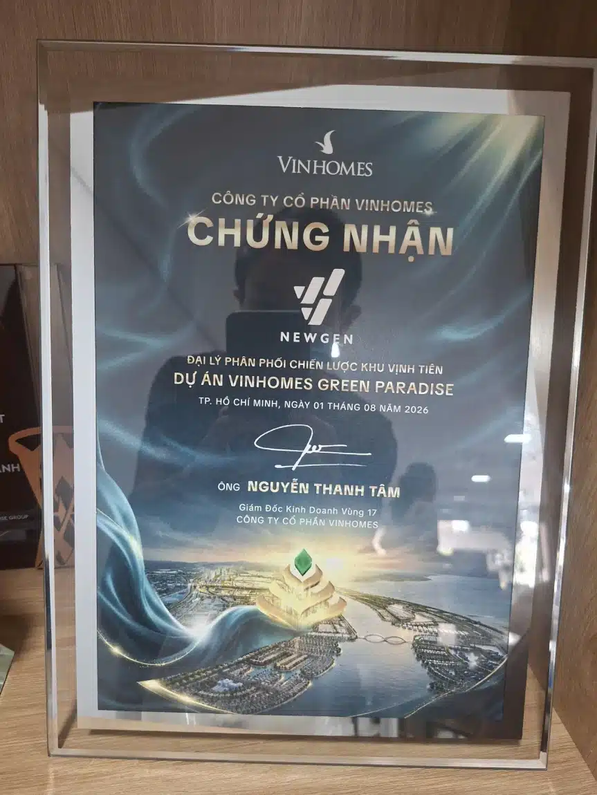 Văn bằng đại lý phân phối Phân khu Vịnh Tiên – Vinhomes Green Paradise Cần Giờ do Vinhomes cấp cho Newgen Invest